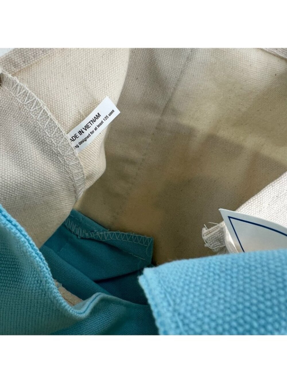 Trader Joes Mini Pastel Canvas Tote Bag Women Grocery Shopper Handbag Blue Beige - Picture 11 of 12